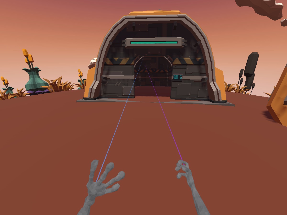 Early development build: 50VS alien hands firing beams at an outpost door