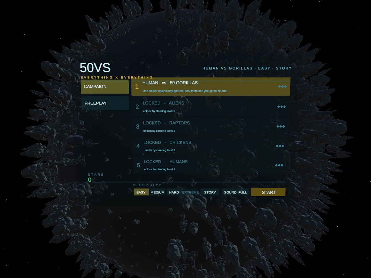 Early development build: 50VS campaign menu, Human versus 50 gorillas, with four more worlds locked