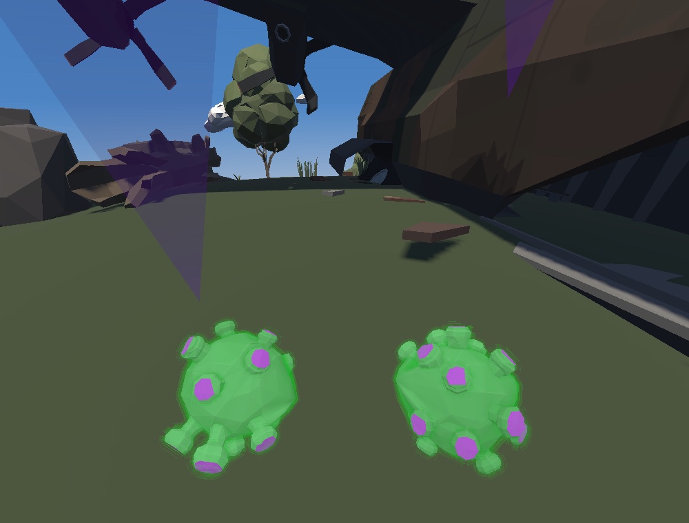 Early development build: 50VS first-person view with glowing virus hands