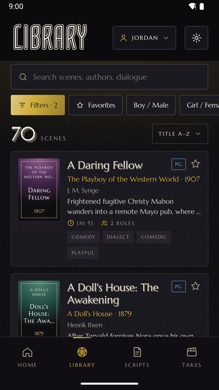 Back to One library filtered to stage plays and novel adaptations