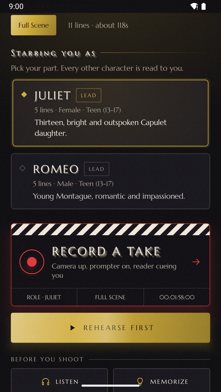 Back to One scene page: pick Juliet or Romeo, record a take, or rehearse first