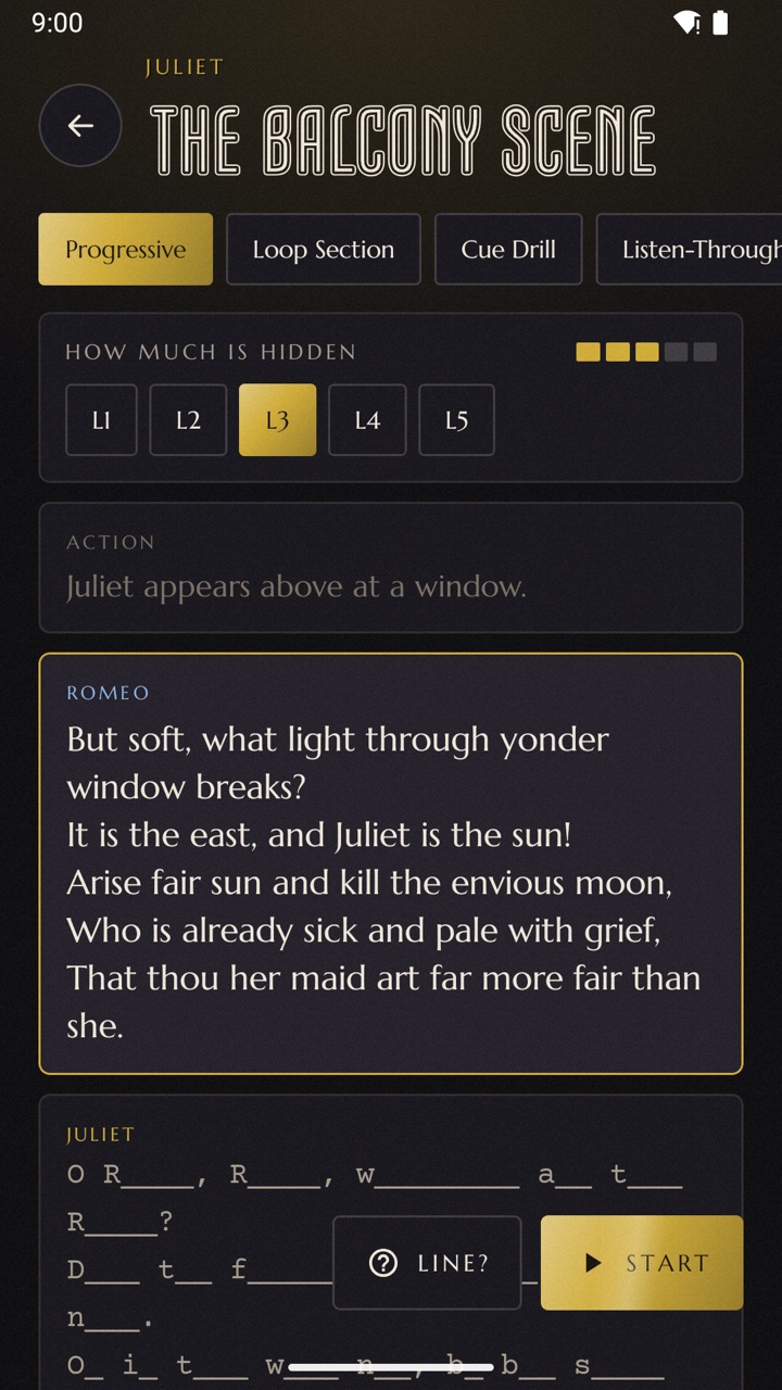 Back to One memorize mode at level 3, showing only the first letter of each word in Juliet's lines