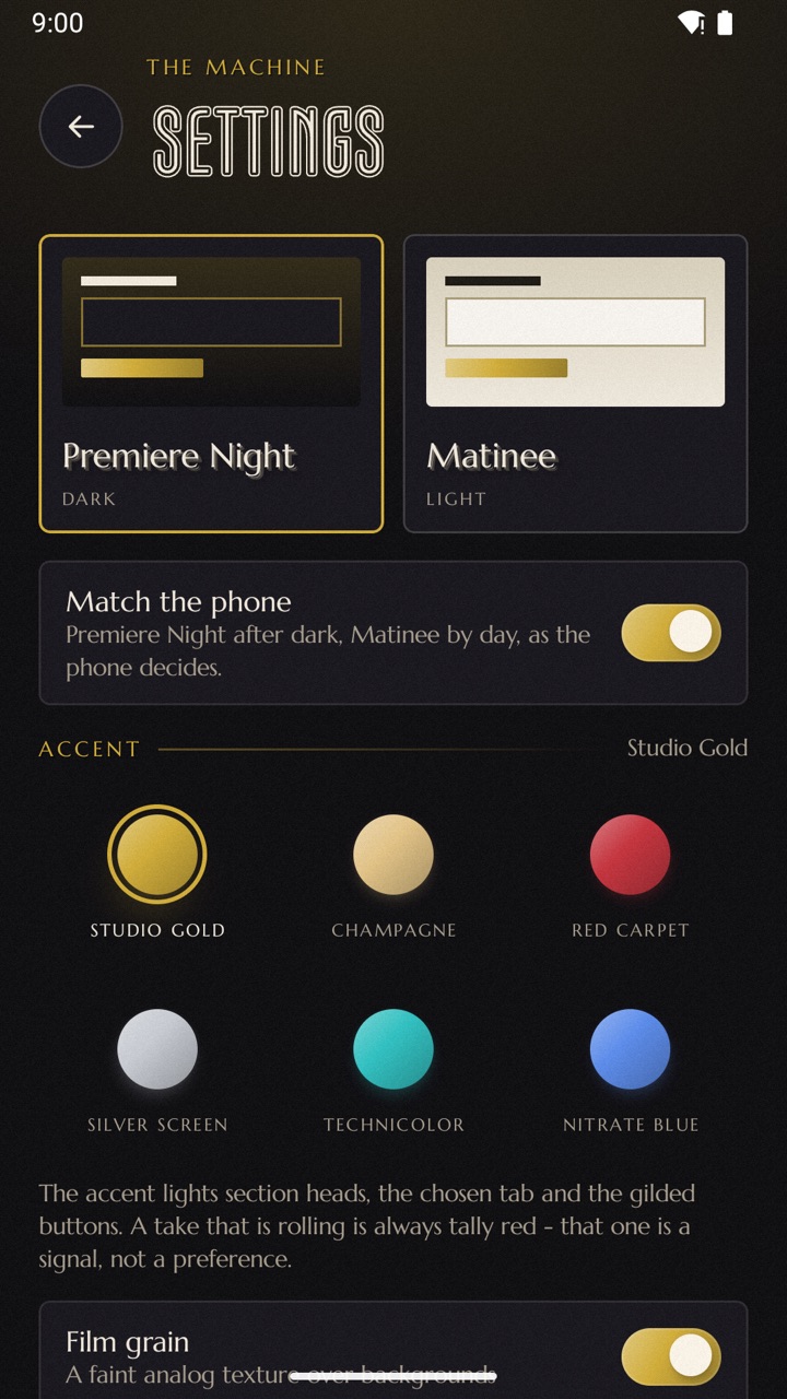 Back to One appearance settings with themes, accents and film grain
