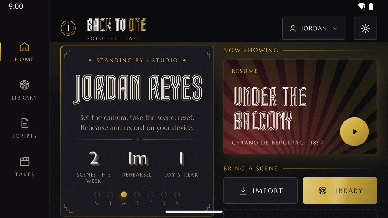 Back to One home screen in landscape, with the tab rail, profile card and Now Showing panel