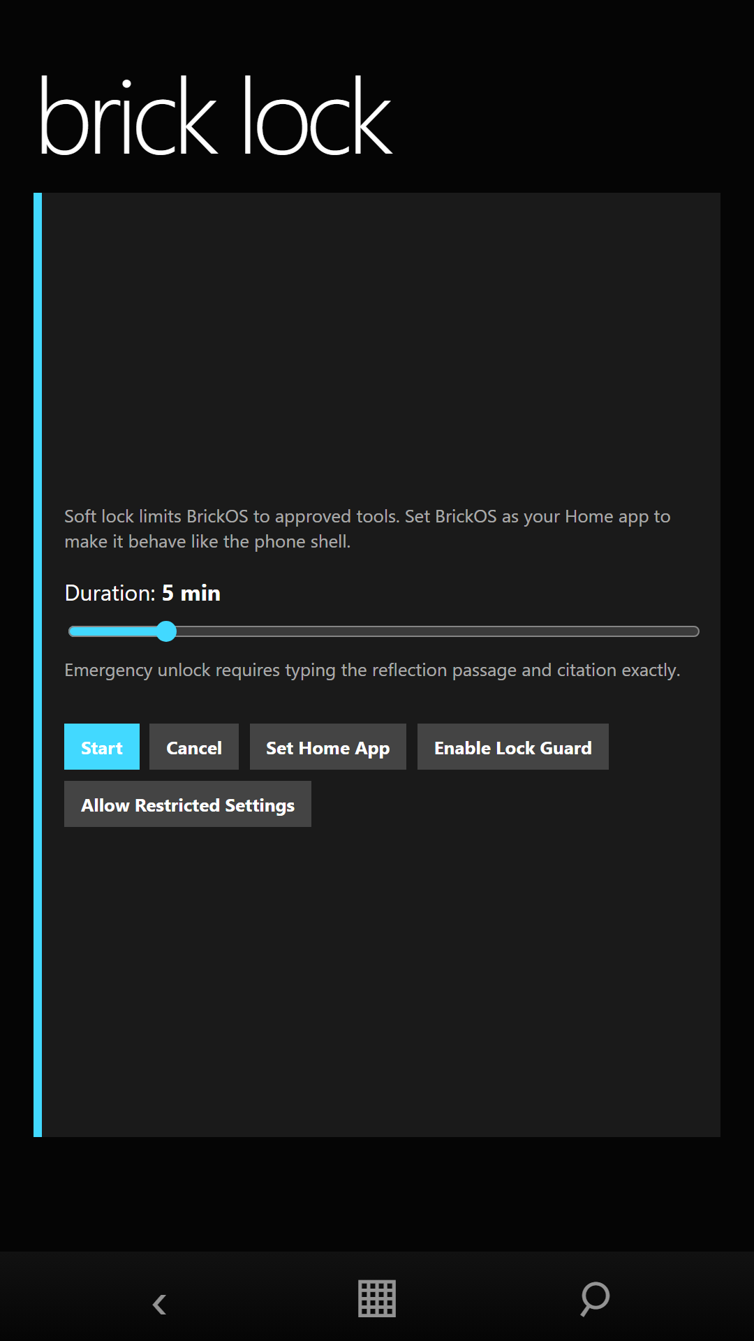 BrickOS Brick Lock duration screen