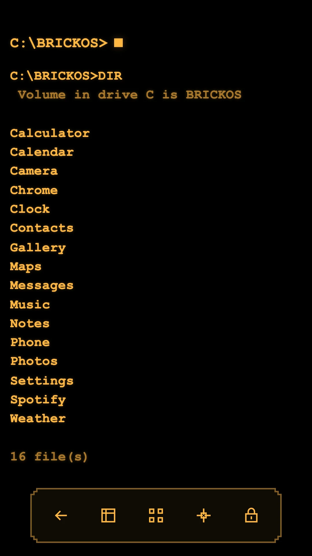 Command skin in amber phosphor listing apps with DIR