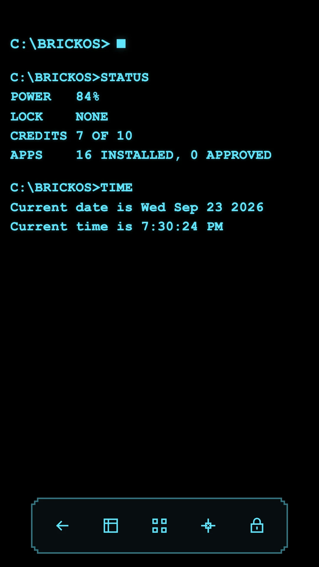Command skin in cyan phosphor showing TIME and STATUS