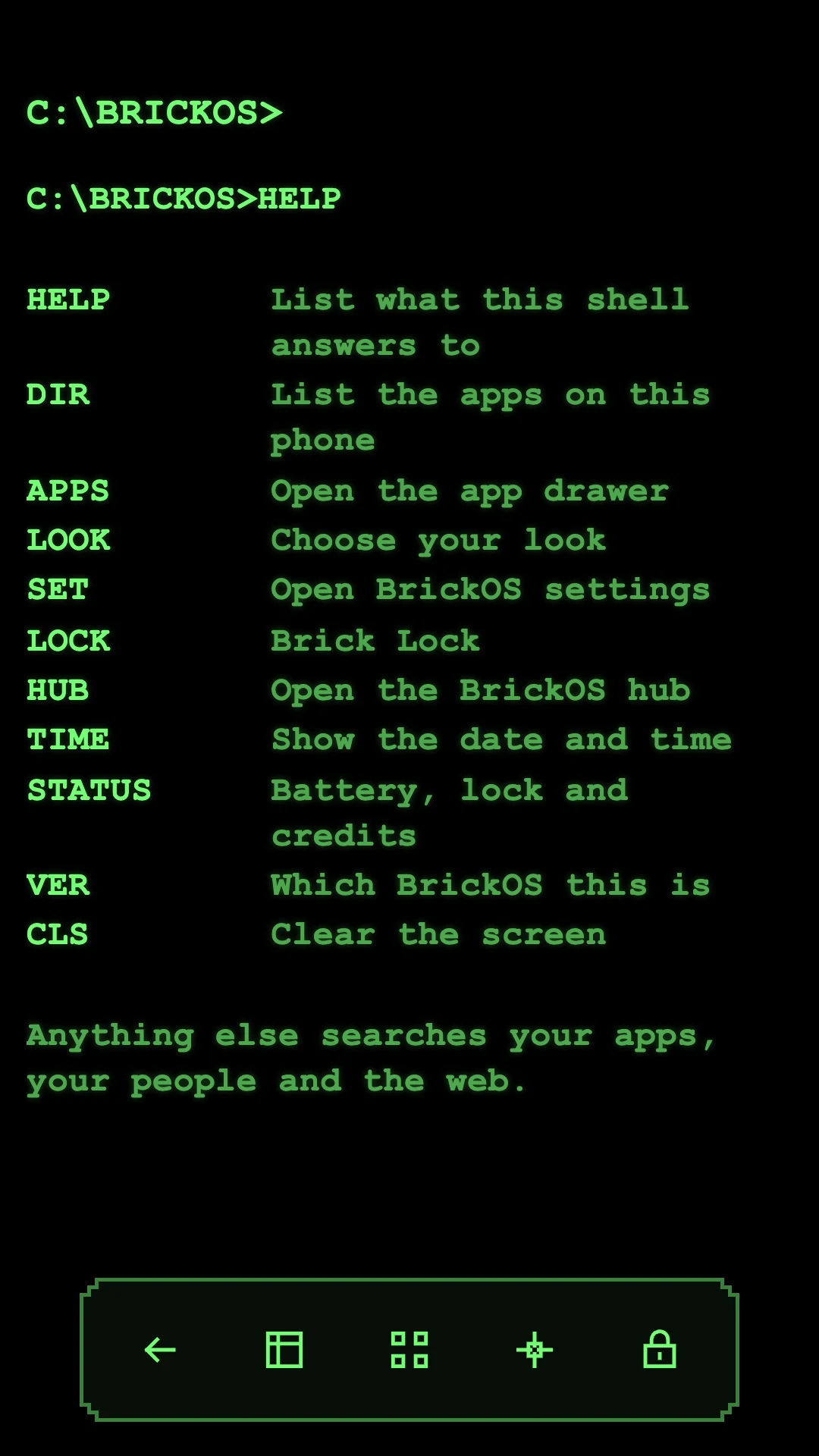 BrickOS Command skin in green phosphor, listing its commands